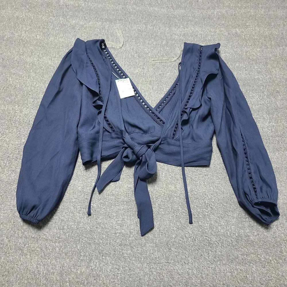 Paper Crane Wrap Top Womens Small Navy Blue Long Sleeve Ruffle Boho Blouse Tie